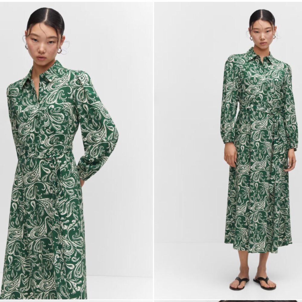 Mango Printed Midi Shirt Dress | BNWT Vibrant Green & White | Size M